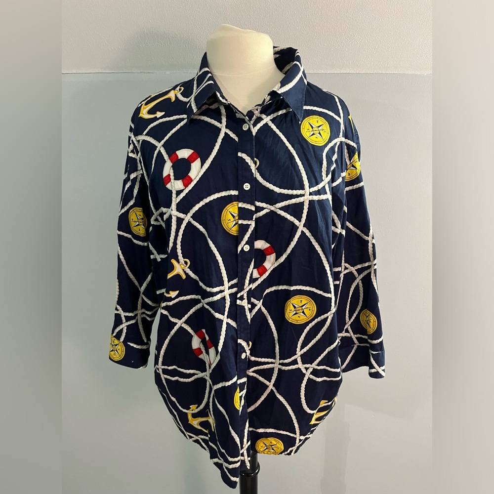 RALPH LAUREN‎ Cotton Nautical Print 3/4 sleeve Shirt Top Dark Navy XL
